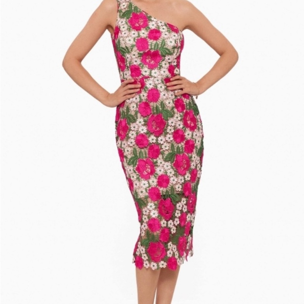 Xscape Pink and Green Floral One-Shoulder Dress